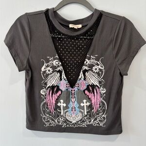 Urban Rose Y2K Gray Graphic Cropped Tee with Pink and Black Accents Large